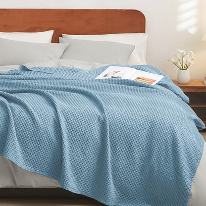 PHF 100% Cotton Waffle Throw Blanket Lightweight Breathable, Dusty Blue - color: Dusty Blue, size: Throw(50" x 60")