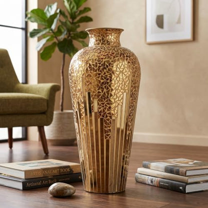 Tall Mosaic Floor Vase 22 Inch – Handmade Multi Golden Sands Glass Mosaic Vase for Pampas Grass & Flowers | Decorative Metal for Living Room, Entryway, Bedroom & Table Centerpiece Decor