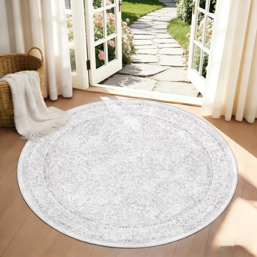 Round Rugs 4ft Vintage Floral Small Circle Rug, Washable Non Slip Soft Low Pile Stain Resistant Carpet for Living Room Bedroom Entryway Dining Room (FloralGrey, 4' Round) - color: Floral Grey, size: 4' (Round)