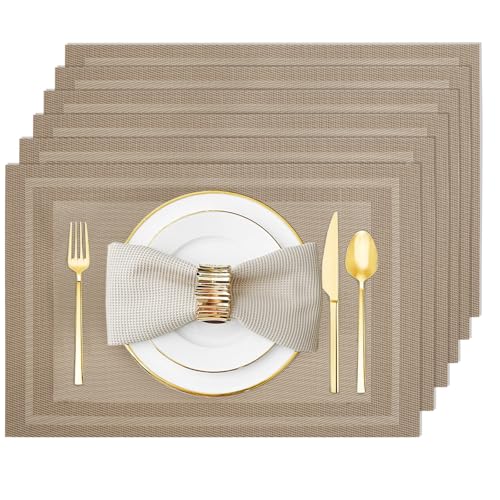 Khaki Vinyl Placemats Set of 6, Heat Resistant Table Placemats - color: Khaki