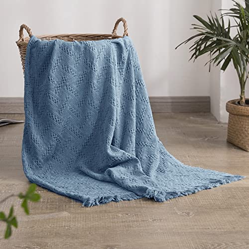 Simple&Opulence 100% Cotton Throw Blanket for Bed, Couch, Boho Luxury Geometric Knit Woven Blanket with Tassels Soft Lightweight Cozy Breathable, Vintage Farmhouse Decoration for All-Season(Blue) - color: Classic Blue