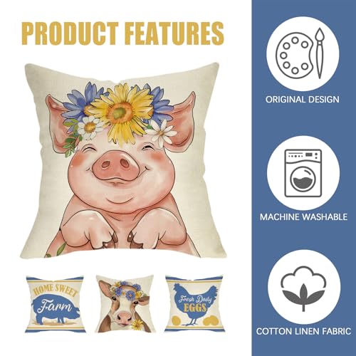 Fahrendom Farm Animals Decorative Throw Pillow Covers 18 x 18 Set of 4 - color: Pig Cow