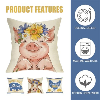 Fahrendom Farm Animals Decorative Throw Pillow Covers 18 x 18 Set of 4 - color: Pig Cow