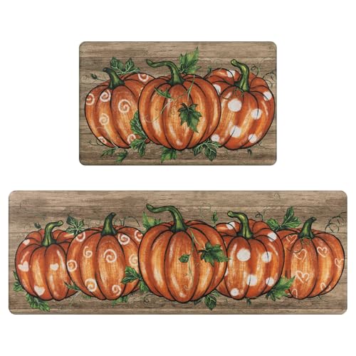 SHACOS Fall Anti Fatigue Kitchen Mats Orange Pumpkins, 17x27.5+17x47 | Wood Board Autumn Harvest Cushioned Kitchen Rugs Set of 2 Non Slip Floor Mat Ergonomic Standing Mats - color: Orange Pumpkins