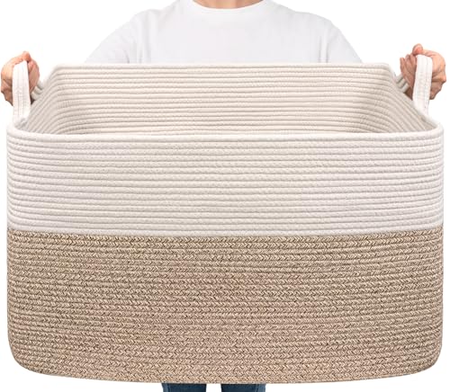 Goodpick 85L Large Woven Rope Blanket Basket, White & Light Brown - color: White & Light Brown, size: X-Large(23.6"L x 15.7"W x 13.8"H)