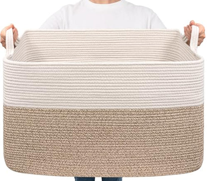 Goodpick 85L Large Woven Rope Blanket Basket, White & Light Brown - color: White & Light Brown, size: X-Large(23.6"L x 15.7"W x 13.8"H)