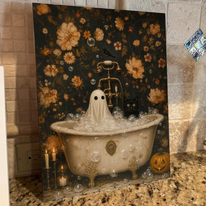 Halloween Wall Art Decor Ghost Black Cat Bubble Bath Canvas Print Framed - color: M