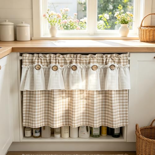 Beige Gingham Checkered Kitchen Short Curtain with Ruffle & Wooden Buttons - size: 39"W x 20"L (Pack of 1)