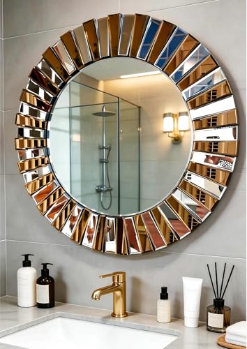 Decorative Round Mirror Sunburst: Silver-Brown Crystal Edge 31.5 in - size: 31.5"L x 31.5"W