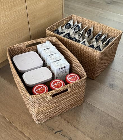 KOUBOO Loma Rectangular Rattan Storage Basket with Handles, Honey Brown - color: Honey-Brown