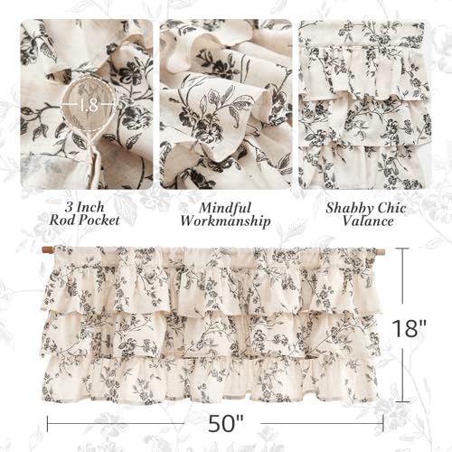 jinchan Alisa Ruffled Floral Valance Curtain 18 Inch 1 Panel Black on Linen - color: Alisa Black on Linen
