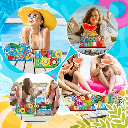 CroBlissful 6 Pcs Schools Out for Summer Signs, Hello Summer Wooden Decor - style: Summer