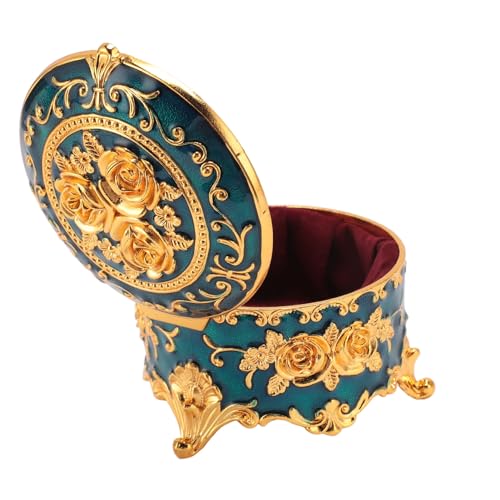 Vintage Round Metal Jewelry Box, Exquisite Hand-Carved Gold Pattern, Trinket for Rings, Earrings, Necklaces-Ideal Retro Keepsake or