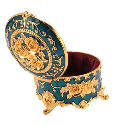 Vintage Round Metal Jewelry Box, Exquisite Hand-Carved Gold Pattern, Trinket for Rings, Earrings, Necklaces-Ideal Retro Keepsake or