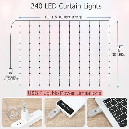 LED Curtain Lights 10ft x 8ft, 240 RGB Color Changing Fairy Lights - size: 240-LED RGB 10ft x 8ft