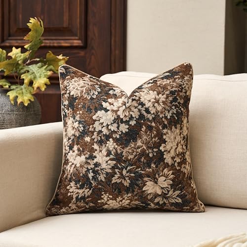 Yangest Neutral Floral Pillow Cover 18 x18 Inches, Vintage Chenille Square Throw Pillow Cover Soft Decorative Farmhouse Accent Couch Pillow Cover for Living Room Bedroom, Coffee Brown - color: Coffee Brown, size: 18" x 18" (Pack of 1)