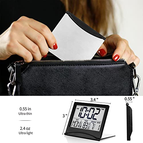 Betus Digital Travel Alarm Clock – Foldable Calendar, Temperature & Timer with Snooze – Large Number Display, Battery Operated – Compact Desk Clock for Home & Office (Black) - color: Black Pack of 1
