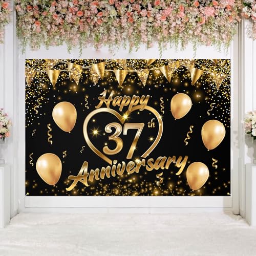 Happy 37th Anniversary Backdrop Party Decorations, Black Gold Glitter Bokeh Dots Valentine's Day Wedding Anniversary Party Photo Background Cake Table Banner Extra Large Wall Decor Props. 6 * 4ft (37) - color: 37