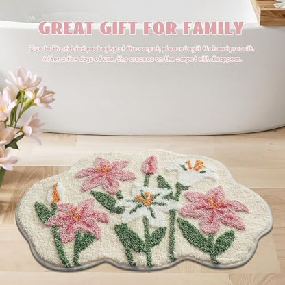 Cloud-Shaped Lily Bath Mat, Soft Non-Slip Fluffy Fresh Flowers Bathroom Rug, Ultra Absorbent Microfiber Shaggy Door Mat, Machine Washable Bath Rug Carpet for Bathtub Bedroom 20x31 Inch (White) - color: White