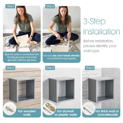 Kaboon Cube Floating Shelves Set2, Display Shelves Wall Mount 7.75" D x 12.5" W x 12.5" H, (Gray, Square 2 Cubes) - color: Grey, size: Square-Set2