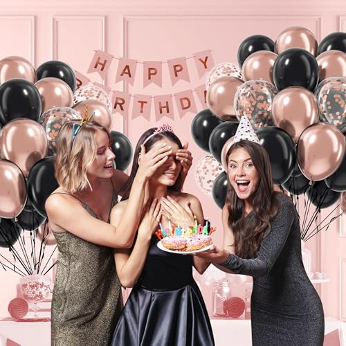 60pcs Rose Gold and Black Balloons 12inch with Rose Gold Confetti Balloons - color: Rose Gold Black