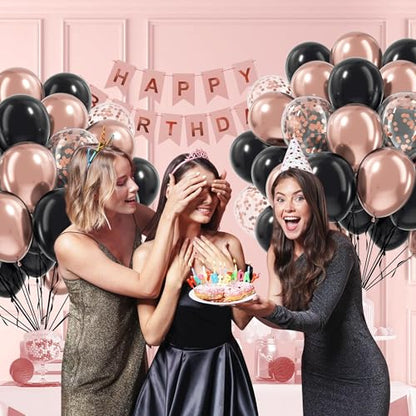 60pcs Rose Gold and Black Balloons 12inch with Rose Gold Confetti Balloons - color: Rose Gold Black