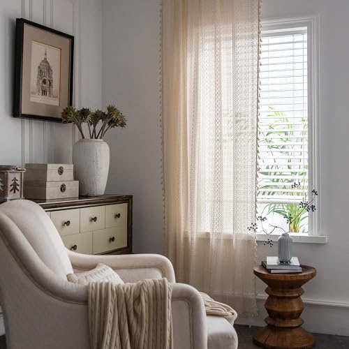 JOOJA Crochet Boho Lace Sheer Curtains Macrame Farmhouse 84 Inches Length Long Beige Vintage Bohemian Bedroom Curtains 2 Panels Set for Living Room (59Wx84L, Beige) - color: Crochet Beige, size: 59"W x 84"L (Pack of 2)
