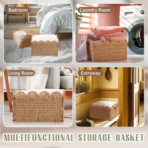 Leinuosen 4 Packs Scalloped Wicker Storage Basket Paper Rope Pantry Baskets for Shelves Organizing Toilet Paper Foldable Rattan Cube Storage Bins Boho Organizer Bins for Home, 13 x 11 x 7.9 Inches