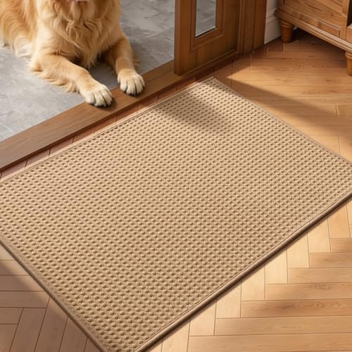 YIHOUSE Indoor Door Mat 20" x 32", Non-Slip Washable Entryway Mat, Dirt Trapper Absorbent Entrance Mat, Low Profile Floor Mat for Front/Back Door, Entryway, Khaki ﻿ - color: Khaki, size: 20"x32" (Rectangular)