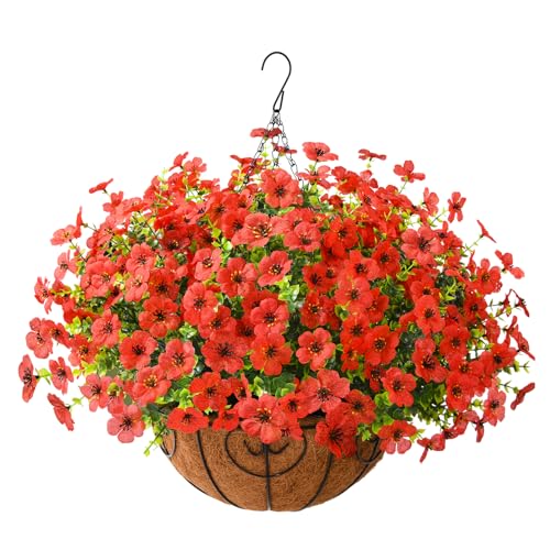 Artificial Hanging Flowers Basket for Outdoor, UV Resistant Plants Daisy - color: Red