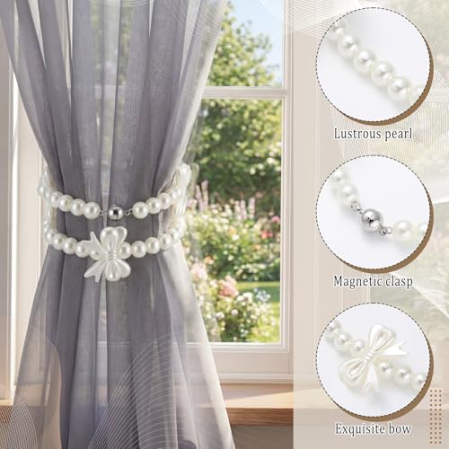 Lewtemi 4 Pcs Magnetic Curtain Tiebacks Decorative, Pearl Strand Bow - style: Pearl Strand Bow
