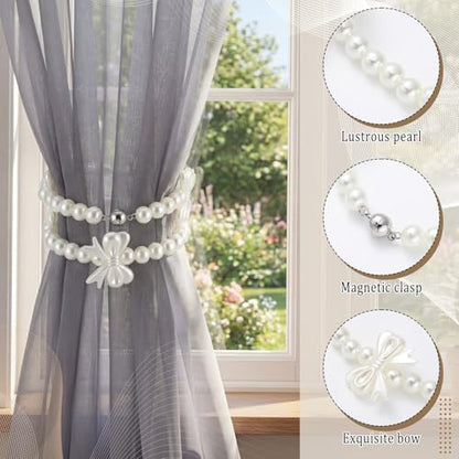 Lewtemi 4 Pcs Magnetic Curtain Tiebacks Decorative, Pearl Strand Bow - style: Pearl Strand Bow