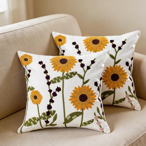Embroidered Cotton Pillow Covers -18x18 inch Cute Countryside Style Comfortable Sofa Decorative Pillow Covers, Suitable for Living Room Sofa Bed, Flower Style (2 pcs Sunflower) - color: 2 Pcs Sunflower
