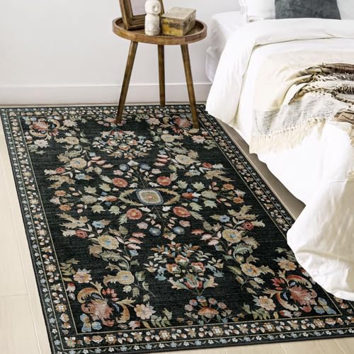 MUJOO 3x5 Rug Washable Floral Area Rugs Non Slip Ultra-Thin - color: Black, size: 3' x 5' (Rectangular)