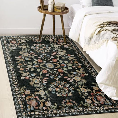 MUJOO 3x5 Rug Washable Floral Area Rugs Non Slip Ultra-Thin - color: Black, size: 3' x 5' (Rectangular)