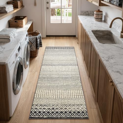 Black Boho Washable 2x6 Kitchen Runner Rugs Non Skid Washable 6Ft - color: Black, size: 2' x 6' (Runner)