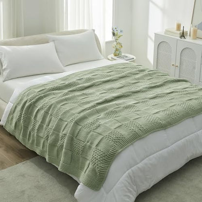 Amélie Home Checkered Knit Throw Blanket for Bed, Sage Green, 60"x80" - color: Checkered Sage Green, size: Checkered Knit 60"x80"