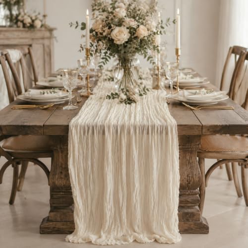 20 Pack Beige Cheesecloth Table Runners, 35 x 72 Inch Boho Gauze Table Runner, Soft Sheer Wrinkled Rustic Fabric Runner for Wedding Reception, Bridal Shower, Baby Shower, Dining Table, Farmhouse Decor - color: Beige, size: 20 pcs 35*72 Inch