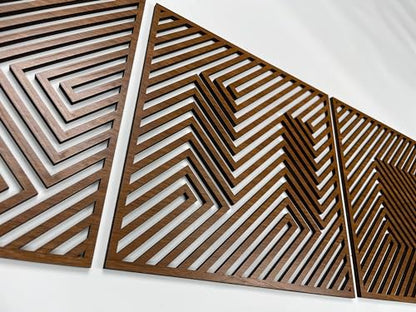 Wood Geometric Wall Art, Large 3D Optical Illusion Wooden Wall Art Modern, Abstract Wood Wall Decor Living Room, 3 Piece Wood Wall Panels