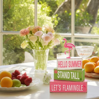 GlikCeil 4 Pcs Summer Wooden Tiered Tray Decorations Pink Flamingo Stack Blocks Table Top Sign Decor Flamingo Summer Wood Centerpieces Farmhouse Rustic Table Decor for Mantle Home Party Supplies - style: Flamingo