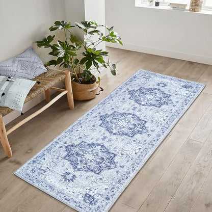 Bloom Rugs Washable Non-Slip 7 ft Runner - Gray/Blue Traditional Medallion Runner for Entryway, Hallway, Bathroom, and Kitchen - Exact Size: 2.5' x 7' - color: Gray / Blue, size: 2'6" x 7' (Runner)