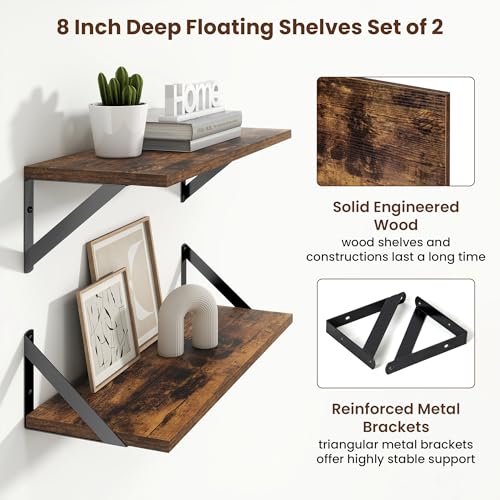 Axeman 20 Inch Floating Shelves, 8 Inch Deep Brown Wall Shelves Set of 2 - color: Rustic Brown, size: 20 Inch
