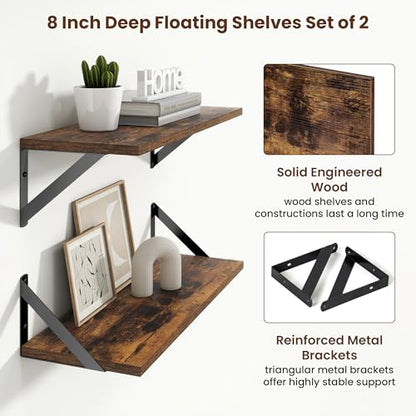 Axeman 20 Inch Floating Shelves, 8 Inch Deep Brown Wall Shelves Set of 2 - color: Rustic Brown, size: 20 Inch