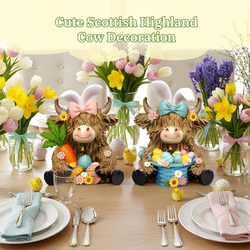 2 Pack Easter Highland Cow Figurine Decor, Resin Easter Decor - style: Easter