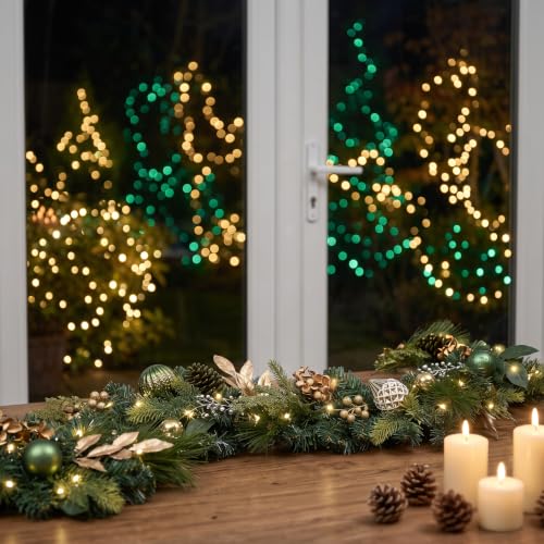DecorbyHannah 9ft Gold Prelit Christmas Garland for Mantle with Lights - size: 9 ft