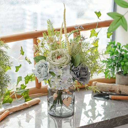 Fake Summer Flowers with Vase, Artificial Blue Dahlia & Rose Arrangement - color: Blue & Green