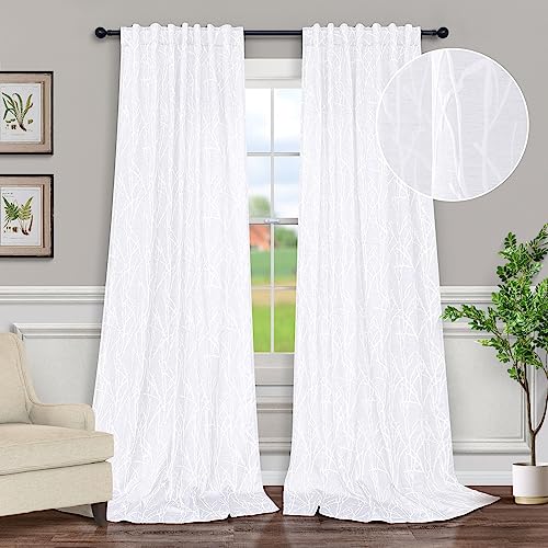 White Pattern Curtains 84 Inch Length for Living Room 2 Panels Back Tab Pocket Long Drape 50% Room Darkening Patterned Lace Cotton Linen Look Tree Branch Curtain for Bedroom Boho Farmhouse Decor 52x84 - color: White, size: 52"W x 84"L (Pack of 2)