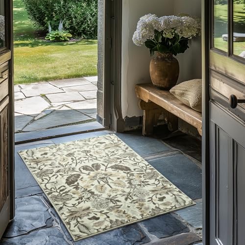 EverGrace Area Rugs for Entryway 2x3, Boho Floral Faux Wool Indoor Outdoor Small Rugs, Washable Rugs for Bedroom Bathroom Laundry Doormat, Low Pile Floor Mat Carpet for Home Decor, Gray - color: Gray Multi, size: 2'x3'