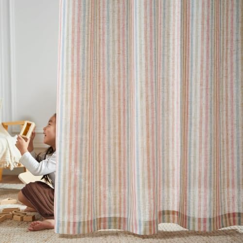 jinchan Linen Curtains 63 inch Candy Stripe for Kids Room Grommet 2 Panels - color: Candy on Flax, size: 50"W x 63"L (Pack of 2)