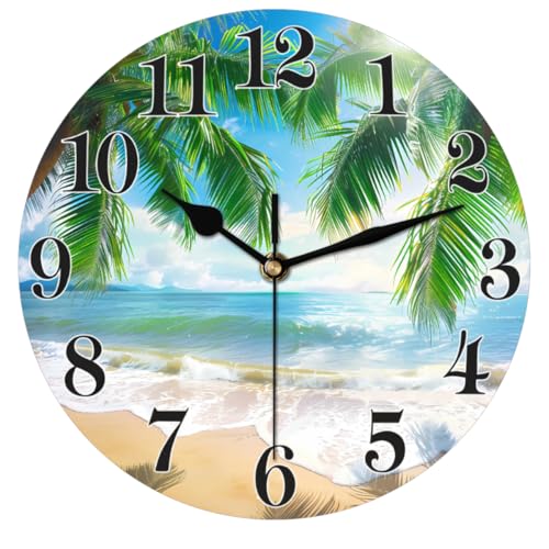 Tropical Beach Coconut Tree Wall Clock Battery Operated 10 in Round Wall Clocks Slilent Non Ticking Quartz Analog Clock for Bedroom Kids Living Room Classroom Decor - color: Tropical Beach Coconut Tree